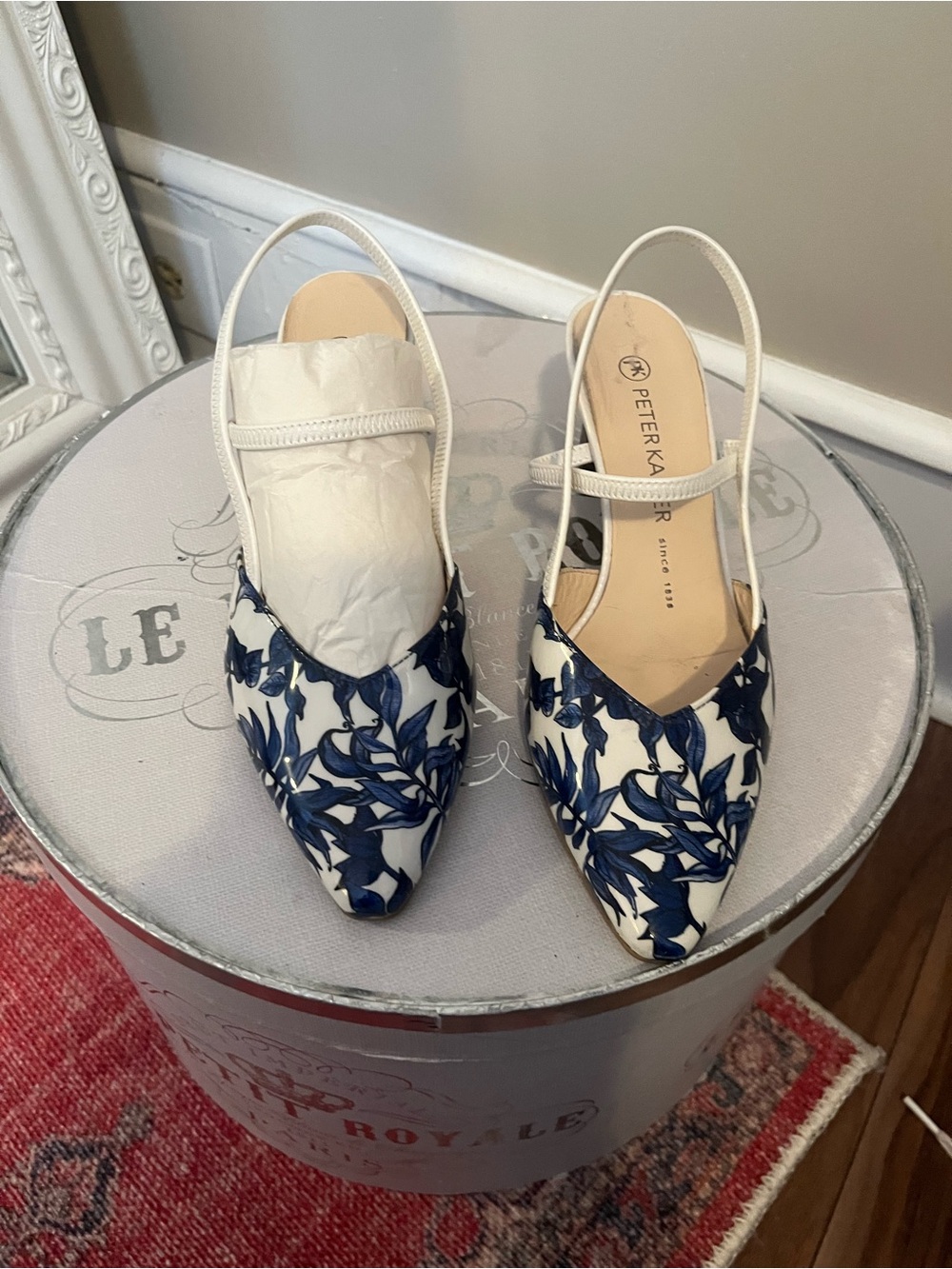 PETER KAISER White Slingback Mules with Blue Floral Pattern